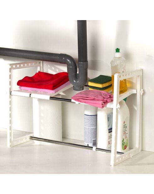Étagère 1 niveau sous évier extensible blanche - L.38 à 65 cm