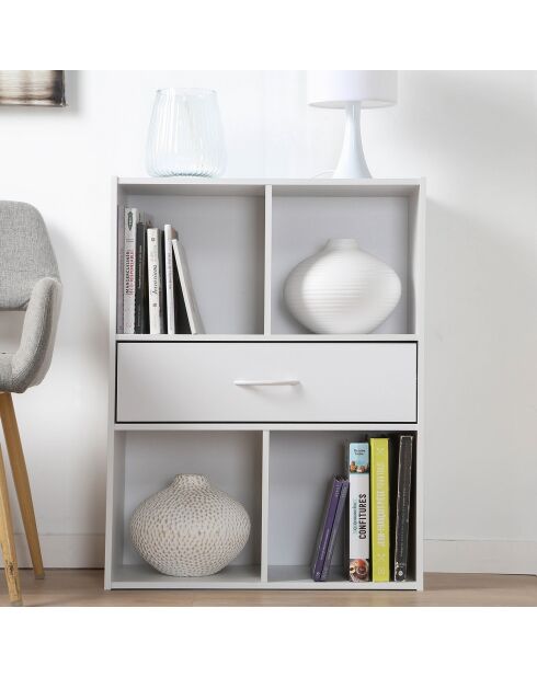 Estante de almacenamiento de 4 compartimentos con un cajón blanco
