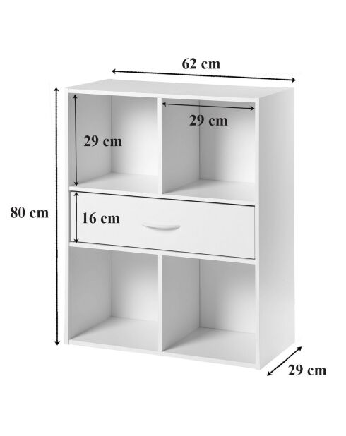 Estante de almacenamiento de 4 compartimentos con un cajón blanco