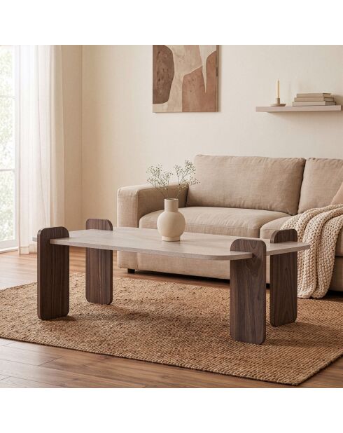Table basse Elia rectangulaire avec bords arrondis coloris bois clair et bois foncé - L.120 cm