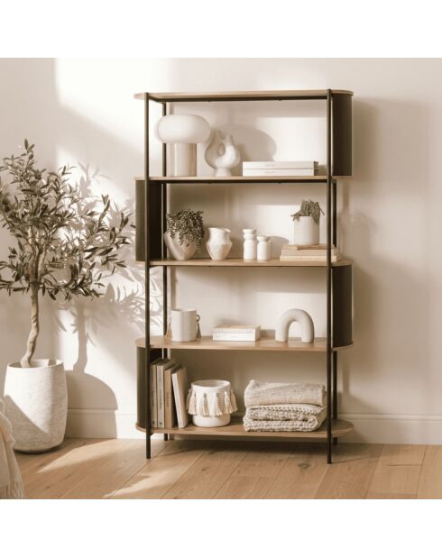Estante alto Eklo de 5 niveles con efecto madera y laterales de metal negro, H.174 cm