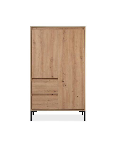 Aparador alto Plock con 2 puertas, 2 cajones y 2 estantes en colores madera marrón claro y negro, H.139 cm