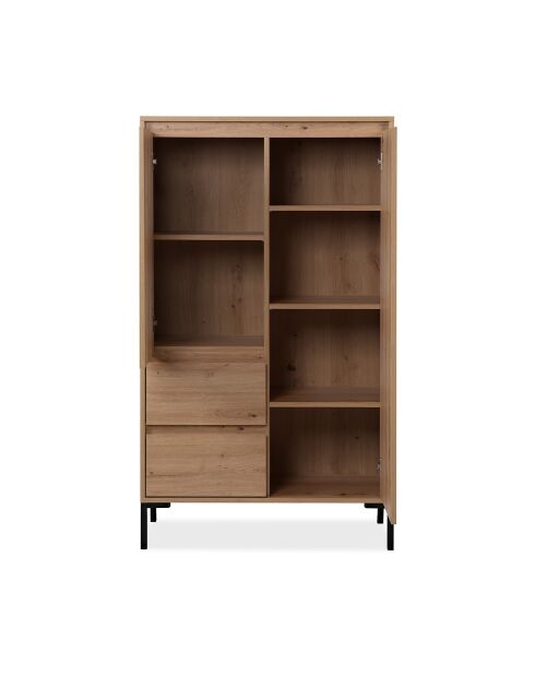 Aparador alto Plock con 2 puertas, 2 cajones y 2 estantes en colores madera marrón claro y negro, H.139 cm