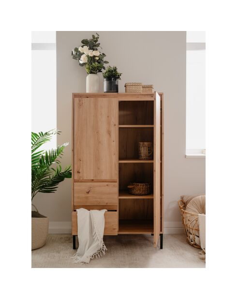 Aparador alto Plock con 2 puertas, 2 cajones y 2 estantes en colores madera marrón claro y negro, H.139 cm