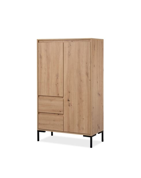 Aparador alto Plock con 2 puertas, 2 cajones y 2 estantes en colores madera marrón claro y negro, H.139 cm