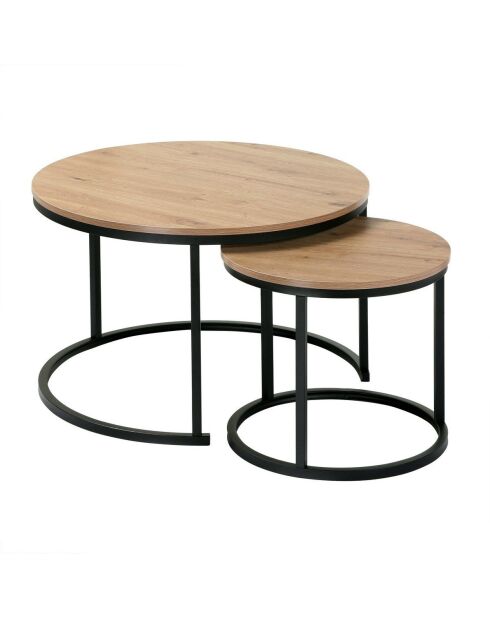Lot de 2 tables basses Lenny gigognes rondes coloris bois clair et noir - L.70 cm