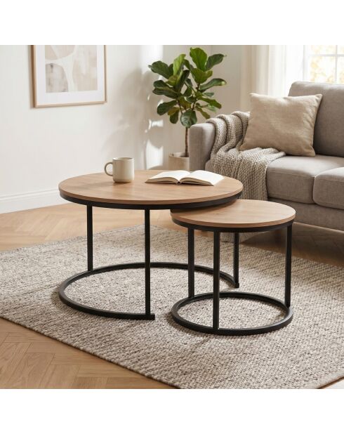 Lot de 2 tables basses Lenny gigognes rondes coloris bois clair et noir - L.70 cm