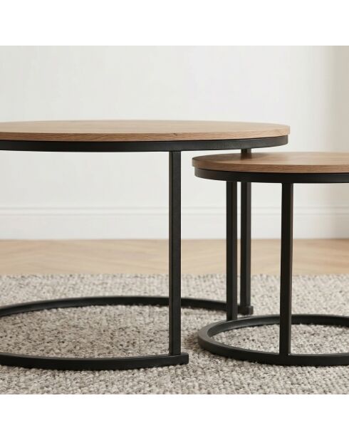 Lot de 2 tables basses Lenny gigognes rondes coloris bois clair et noir - L.70 cm