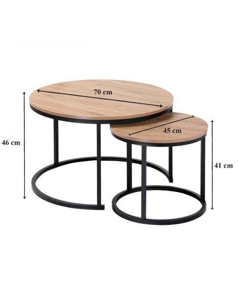 Lot de 2 tables basses Lenny gigognes rondes coloris bois clair et noir - L.70 cm