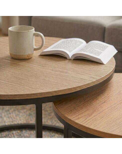 Lot de 2 tables basses Lenny gigognes rondes coloris bois clair et noir - L.70 cm