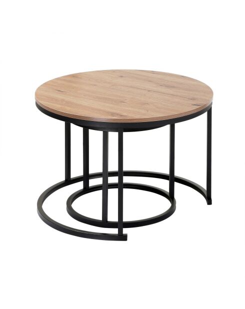 Lot de 2 tables basses Lenny gigognes rondes coloris bois clair et noir - L.70 cm