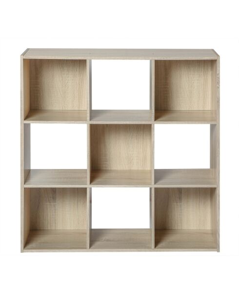 Estante de almacenamiento de 9 compartimentos en madera clara y colores blancos