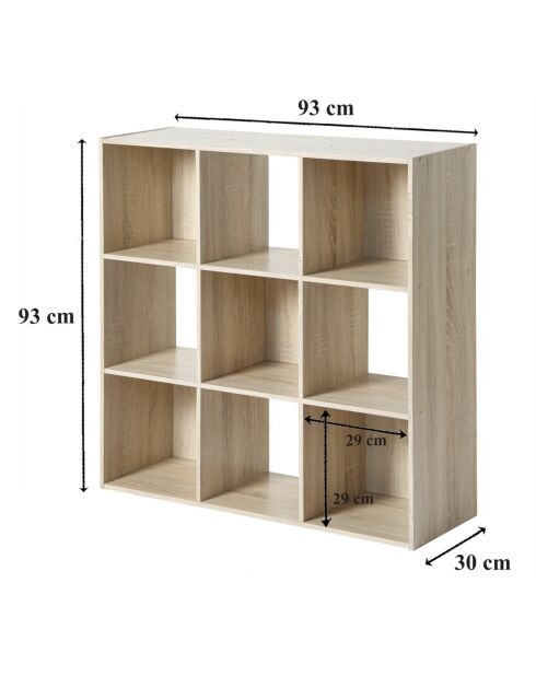 Estante de almacenamiento de 9 compartimentos en madera clara y colores blancos