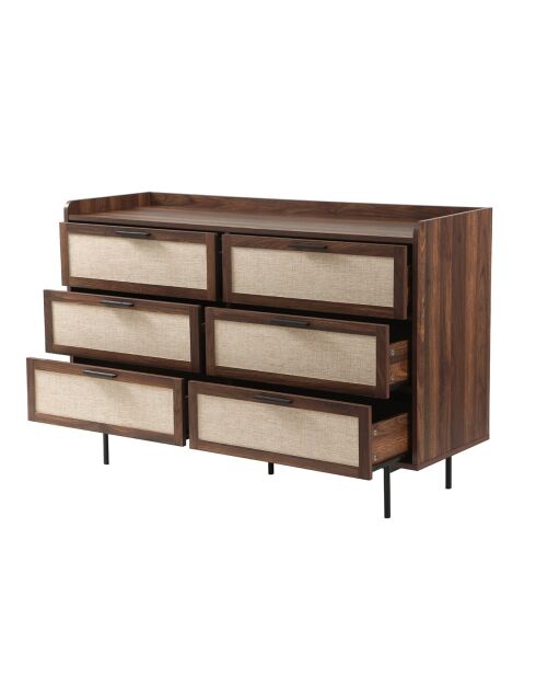 Cajonera Jetson de 6 cajones, decoración de nogal con frentes de tela, L.120 cm