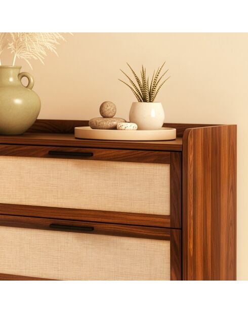 Cajonera Jetson de 6 cajones, decoración de nogal con frentes de tela, L.120 cm