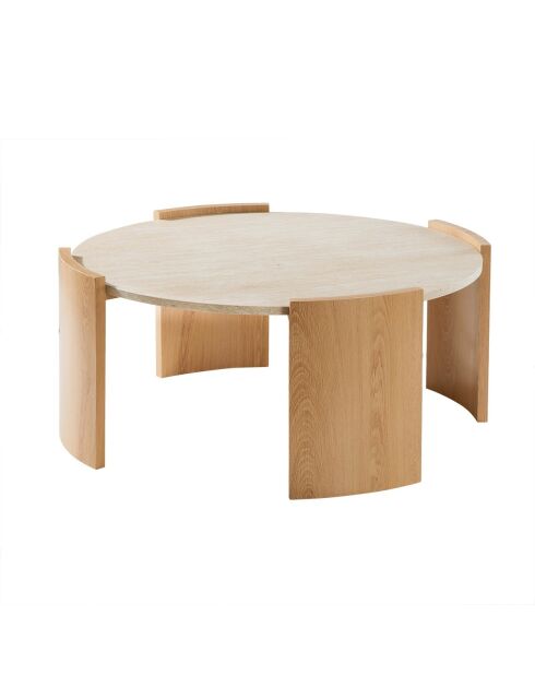 Table basse Izia ronde plateau effet travertin et pieds effet bois - D.80 cm