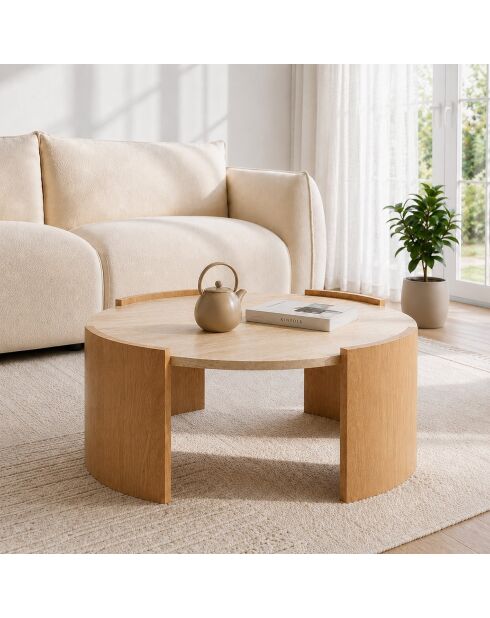 Table basse Izia ronde plateau effet travertin et pieds effet bois - D.80 cm
