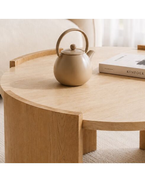 Table basse Izia ronde plateau effet travertin et pieds effet bois - D.80 cm