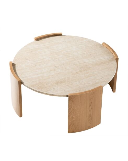 Table basse Izia ronde plateau effet travertin et pieds effet bois - D.80 cm
