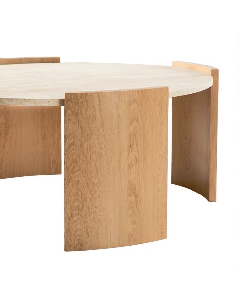 Table basse Izia ronde plateau effet travertin et pieds effet bois - D.80 cm