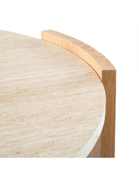 Table basse Izia ronde plateau effet travertin et pieds effet bois - D.80 cm