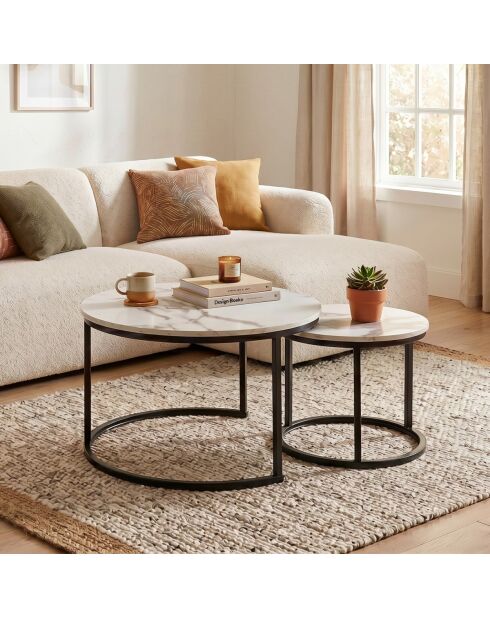 Lot de 2 tables basses Lenny gigognes rondes coloris blanc et noir - L.70 cm