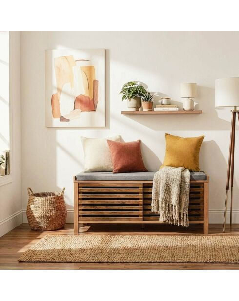 Banco para zapatos Liam 2 puertas correderas con hojas caladas en colores madera marrón y gris oscuro - L.112 cm