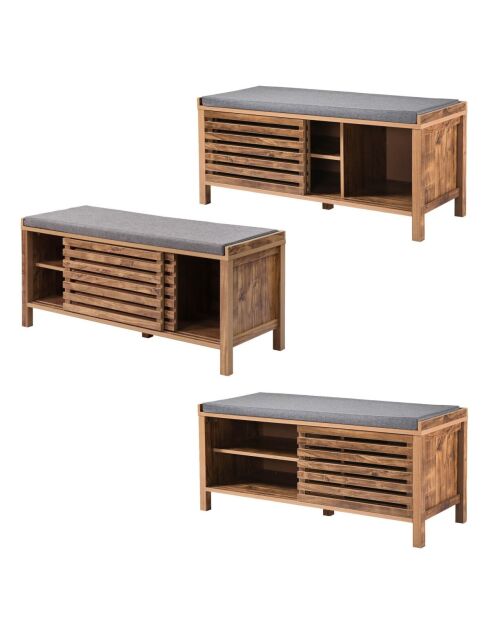 Banco para zapatos Liam 2 puertas correderas con hojas caladas en colores madera marrón y gris oscuro - L.112 cm