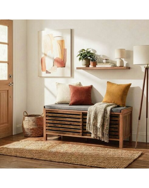 Banco para zapatos Liam 2 puertas correderas con hojas caladas en colores madera marrón y gris oscuro - L.112 cm