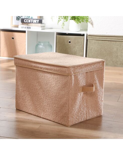 Scatola portaoggetti alta con coperchio in tessuto riccio beige - H.30 cm