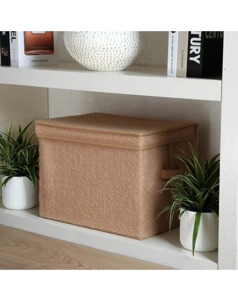 Scatola portaoggetti alta con coperchio in tessuto riccio beige - H.30 cm