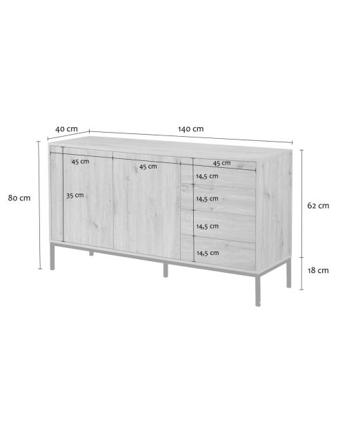 Aparador Lenny con 2 puertas y 4 cajones, decoración en madera, L.140 cm
