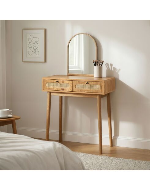Tavolo da toeletta Alia con specchio e 2 cassetti con frontali in rattan - L.80 cm