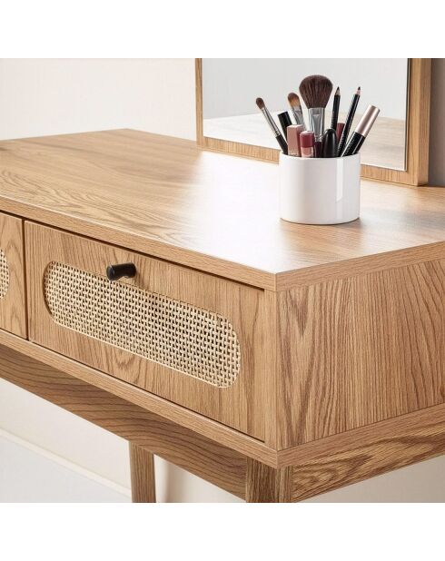 Tavolo da toeletta Alia con specchio e 2 cassetti con frontali in rattan - L.80 cm