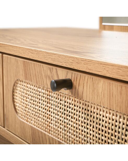 Tavolo da toeletta Alia con specchio e 2 cassetti con frontali in rattan - L.80 cm