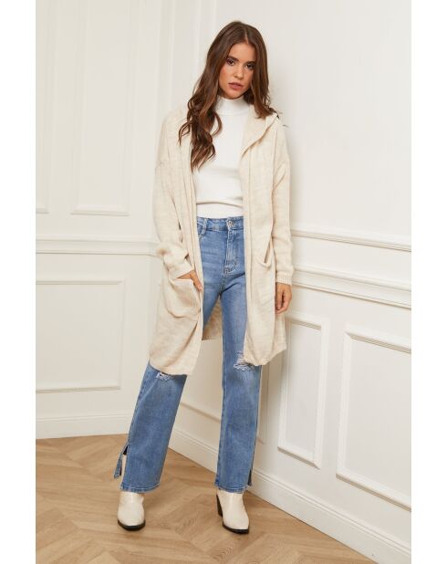 Gilet aperto con cappuccio in misto lana beige