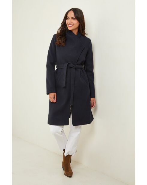 Marineblauer langer Mantel aus Wollmischung mit Gürtel