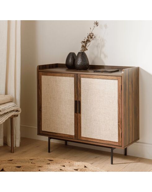 Credenza Jetson con decoro a 2 ante in noce con frontali in tessuto - L.80 cm