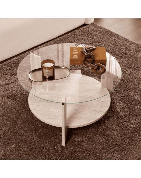 Table basse Clara 2 plateaux dont 1 en verre trempé coloris transparent et bois clair - D.75 cm