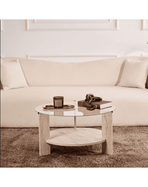 Table basse Clara 2 plateaux dont 1 en verre trempé coloris transparent et bois clair - D.75 cm