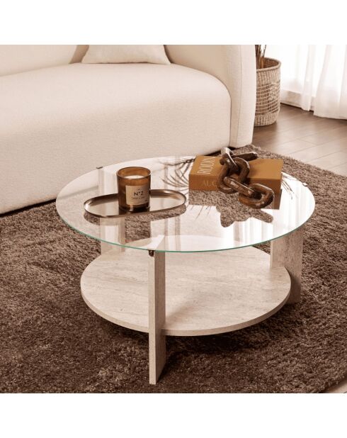 Table basse Clara 2 plateaux dont 1 en verre trempé coloris transparent et bois clair - D.75 cm