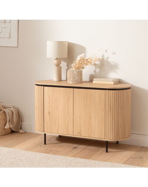 Aparador Malaga de 2 puertas con efecto estriado en madera clara y colores negros - L.120 cm