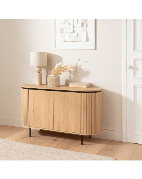 Aparador Malaga de 2 puertas con efecto estriado en madera clara y colores negros - L.120 cm