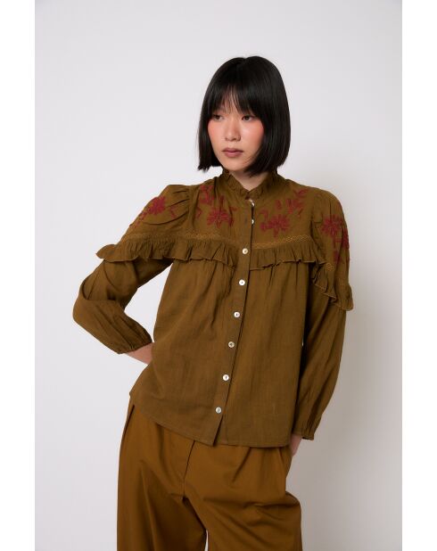 Khakifarbene Baumwollbluse Trujillo mit Stickerei