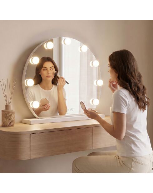 Miroir de maquillage rond 9 LED Hollywood gris/blanc - 48 x 45 x 10,2 cm