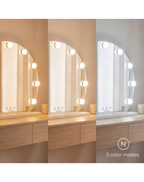 Miroir de maquillage rond 9 LED Hollywood gris/blanc - 48 x 45 x 10,2 cm