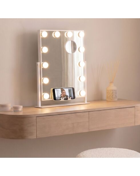 Miroir de maquillage rotatif 12 LED Hollywood gris/blanc - 34,5 x 42,7 x 7,7 cm