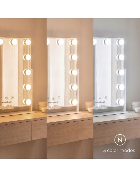 Miroir de maquillage rotatif 12 LED Hollywood gris/blanc - 34,5 x 42,7 x 7,7 cm