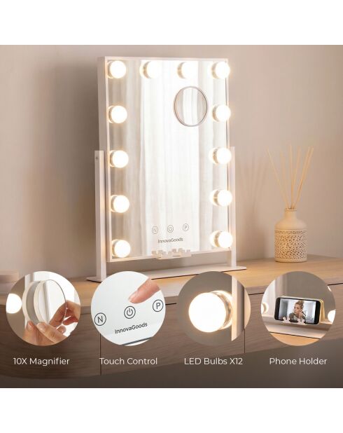 Miroir de maquillage rotatif 12 LED Hollywood gris/blanc - 34,5 x 42,7 x 7,7 cm