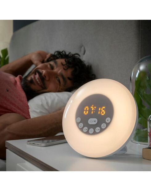Réveil matin rechargeable avec enceinte Sunrilk blanc -D. 16 x 9 cm